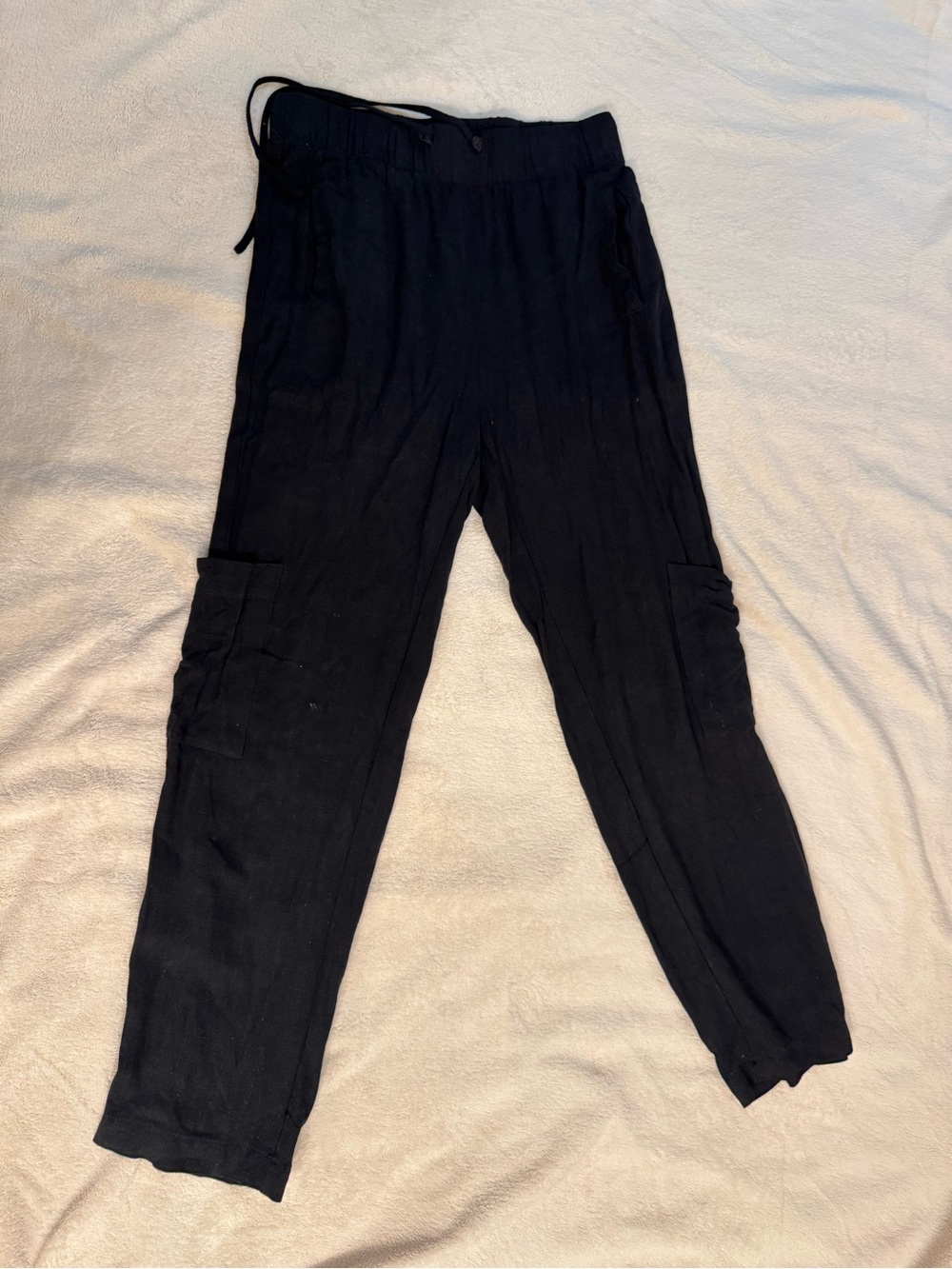 Suzy Shier Black Viscose Linen Lightweight Cargo Pants Small